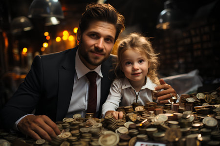 Father and daughter playing with coins in a night club or casino.の素材