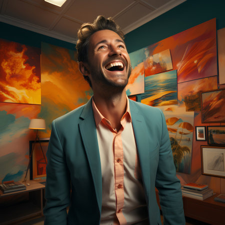 Portrait of a handsome young man laughing in a room with pictures on wall.の素材