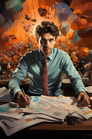 Portrait of a young businessman sitting at the office desk and working with documents.の素材