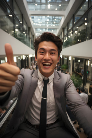 Portrait of young asian businessman showing thumbs up in office buildingの素材