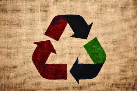 Recycle symbol on burlap canvas texture background. Save earth conceptの素材