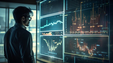 Side view of young businessman in glasses standing in blurry office with forex chart. Double exposureの素材