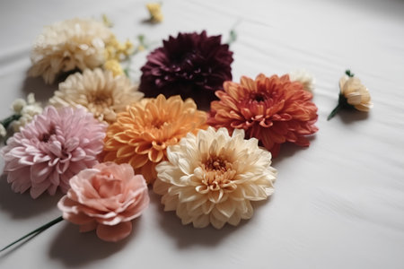Colorful dahlia flowers on a white wooden background. Selective focus.の素材