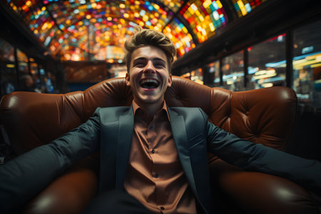 Portrait of a happy young businessman sitting in a leather armchair in a casinoの素材