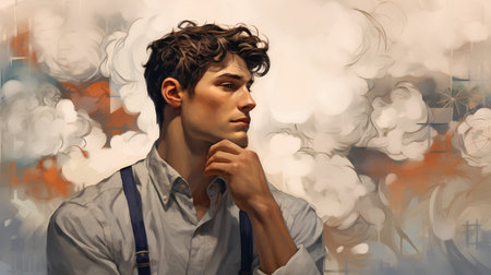 Portrait of a handsome young man in the smoke of a factoryの素材