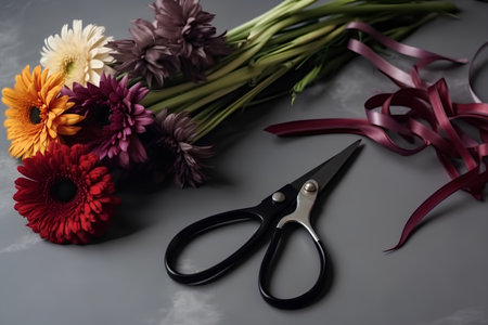 Beautiful bouquet of flowers and scissors on a gray background.の素材