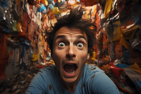 Surprised young man in a room full of colorful clothes.の素材