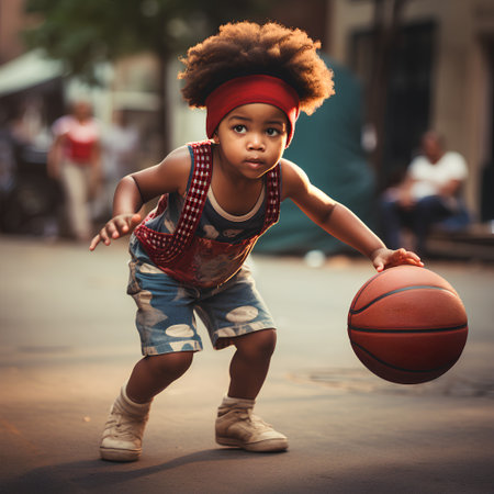 Little african american boy playing basketball in the street. Selective focus.の素材