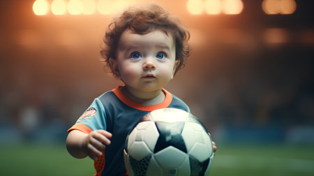 Portrait of a baby boy with soccer ball on the football fieldの素材