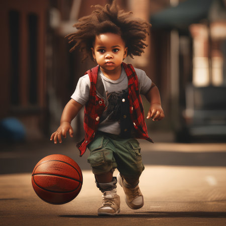 Little african american boy playing basketball on the street. Sport concept.の素材