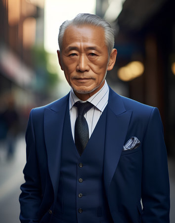 Portrait of a senior businessman in a blue suit on the streetの素材