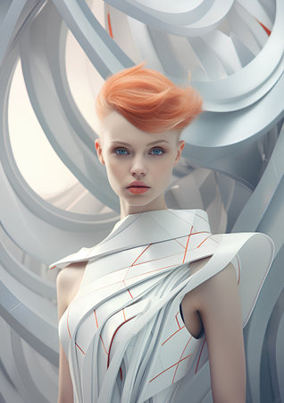 3d illustration of a beautiful redhead girl in a white futuristic interiorの素材