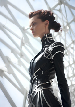 Fashion shot of a beautiful young woman in black latex dress.の素材
