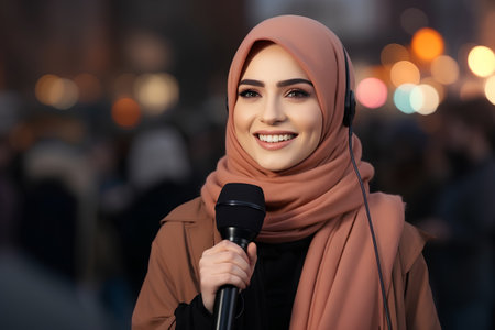 muslim woman with microphone in karaoke club or music hallの素材