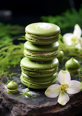Green macaroons with orchid flowers on a dark background.の素材