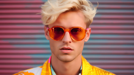 Handsome young man in sunglasses on a colorful background. Summer fashion.の素材