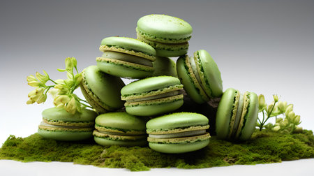 Stack of green macaroons on a green moss over grey backgroundの素材
