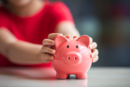 Little girl holding a pink piggy bank with shallow depth of fieldの素材