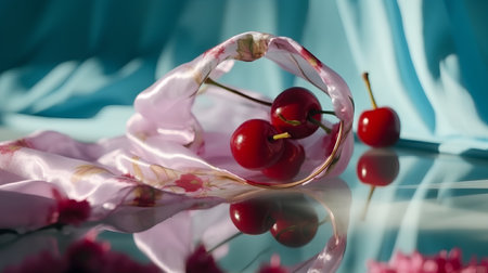 cherries on a glass table with a silk scarf and a flowerの素材