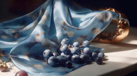 Still life with grapes on a white plate and a blue silk scarfの素材