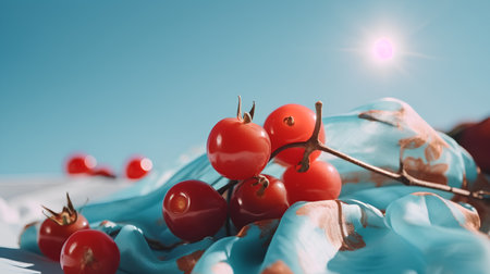 Bunch of cherry tomatoes on a blue background. Toned.の素材