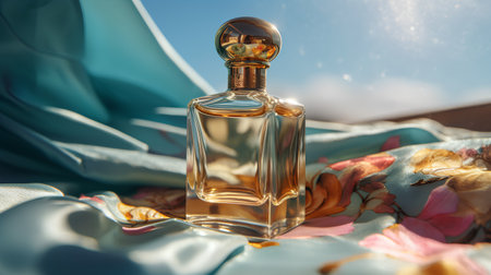 Perfume bottle on a background of blue silk fabric and flowersの素材