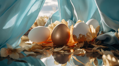 easter eggs and daffodils on a blue cloth backgroundの素材