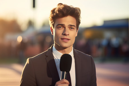 Portrait of a handsome young man speaking into a microphone outdoors.の素材