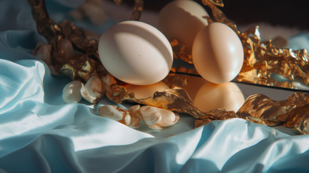 Easter eggs in golden basket on white silk background. Selective focus.の素材