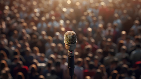 Microphone in front of a crowd of people. 3d renderingの素材