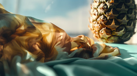 Pineapple and turquoise silk fabric on the windowsillの素材