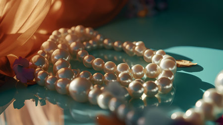 Pearl necklace on a blue background. Close-up. Selective focus.の素材