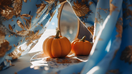 Two orange pumpkins on the background of a blue curtain. Shallow depth of field.の素材