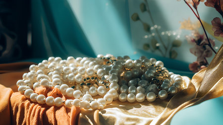 Beads with pearls on the background of the fabric.の素材