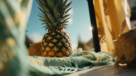 Pineapple on the windowsill in the morning. Selective focus.の素材
