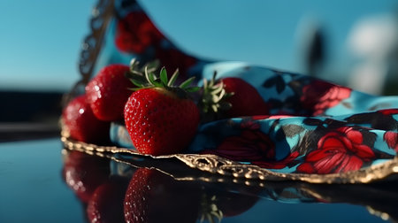 Strawberries in a basket on a table with a blue backgroundの素材