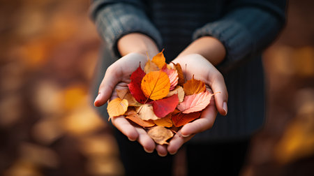 Female hands holding autumn leaves in front of a blurred background. Autumn conceptの素材