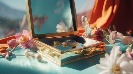 Wedding rings in a box on the background of the windowの素材