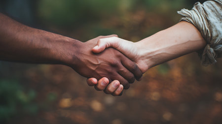 Close up of African American man and caucasian woman holding hands.の素材