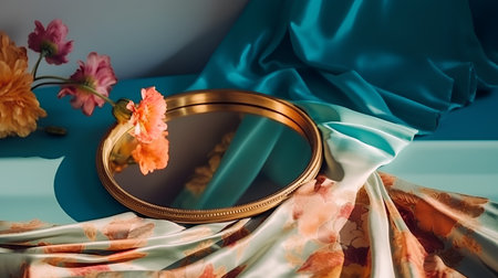 Wedding gold ring on a blue background with flowers and fabricの素材