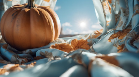 Pumpkin on the background of a blue sky and white curtainsの素材