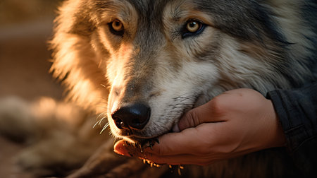 Close-up portrait of a wolfdog in a man's hand.の素材