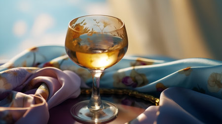 Glass of white wine on a table with blue cloth and blue curtainsの素材