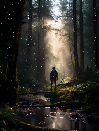 Hiker in the forest with a backpack on his back looking at the sunsetの素材