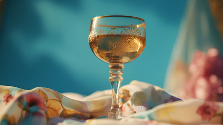 A glass of white wine on a blue background with a floral patternの素材