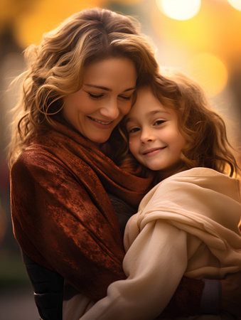 happy mother and daughter in warm clothes hugging and looking at camera outdoorsの素材