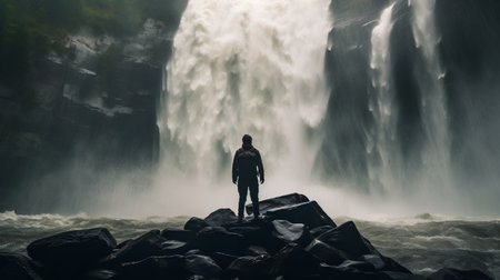 Man standing in front of a waterfall in the middle of the forestの素材
