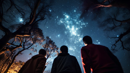 People looking at the milky way in the night sky with starsの素材