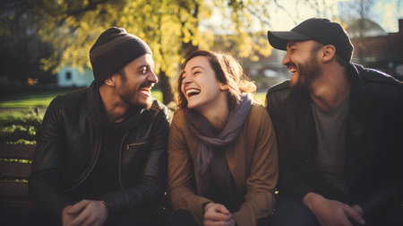 Group of young people having fun in the park. Outdoor lifestyle portraitの素材