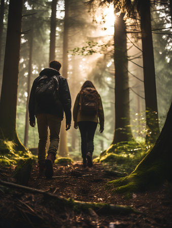 Couple of hikers walking in a foggy forest. A man and a woman are hiking in the woods.の素材